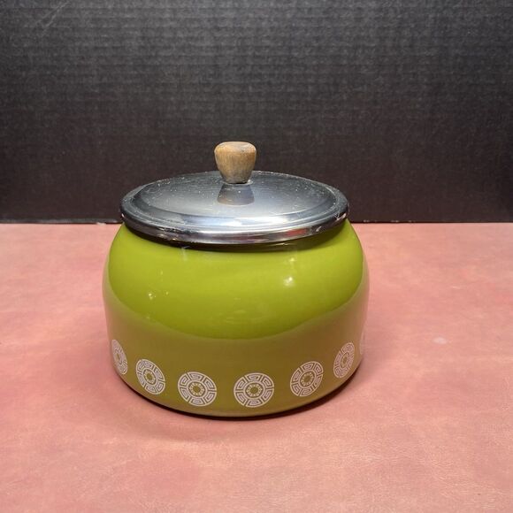 Vintage Mid Century Modern Enamel Saucepan Plate Fondue Pot Wood Handle Green - Picture 10 of 12